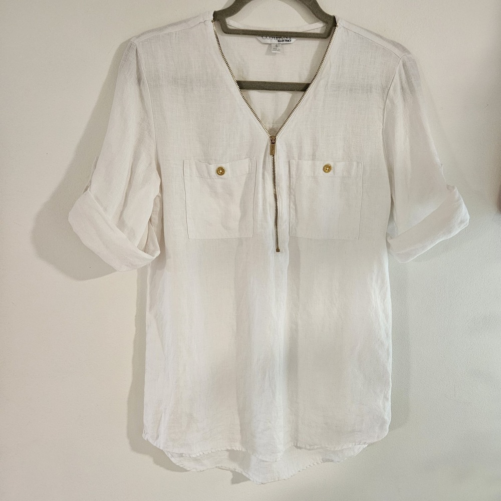 Ellen Tracy White 100% Linen 1/4 Zip Tunic Tank |‎ Women S V Neck